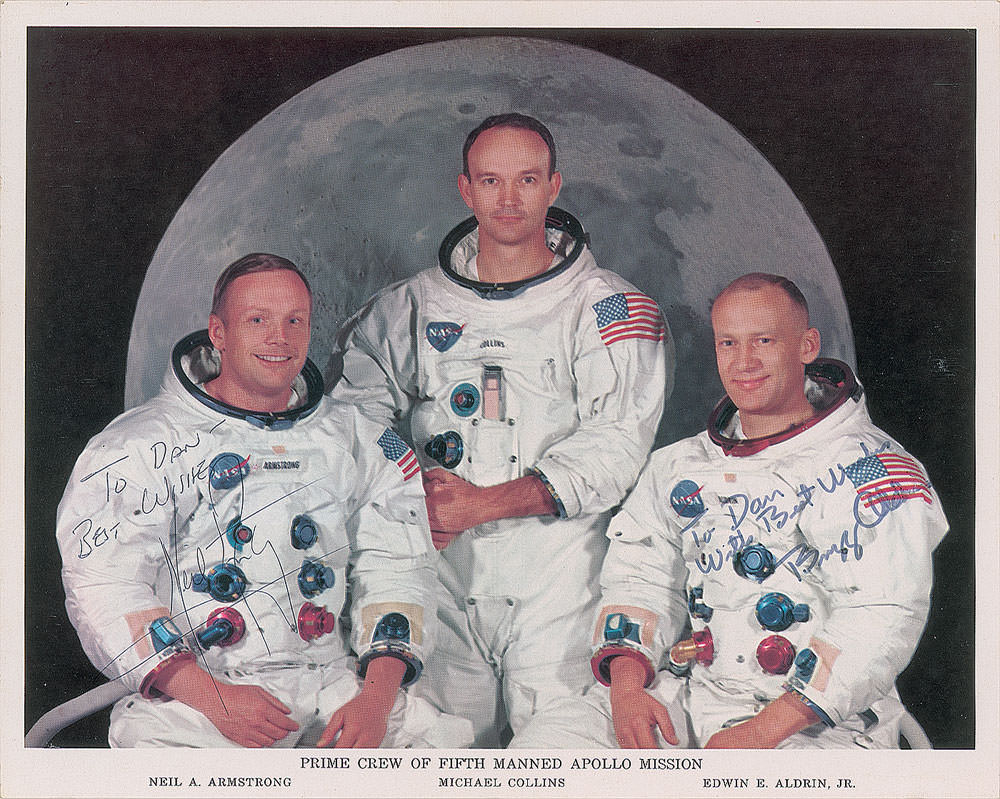 Signed photograph NASA astronauts Neil Armstrong, Michael Collins Edwin "Buzz" Aldrin Apollo 11 autograph space exploration moon lunar mission RR Auction