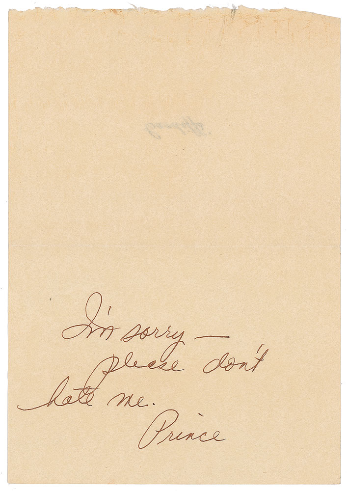 Prince apology note, "I'm sorry—please don't hate me. Prince" RR Auction