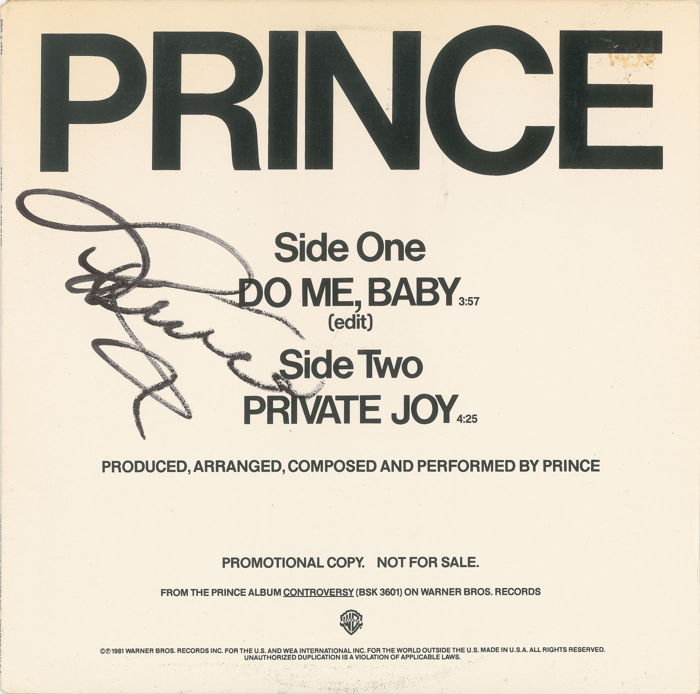 Autographed Prince promo album “Do Me, Baby / Private Joy" John Brennan Collection RR Auction