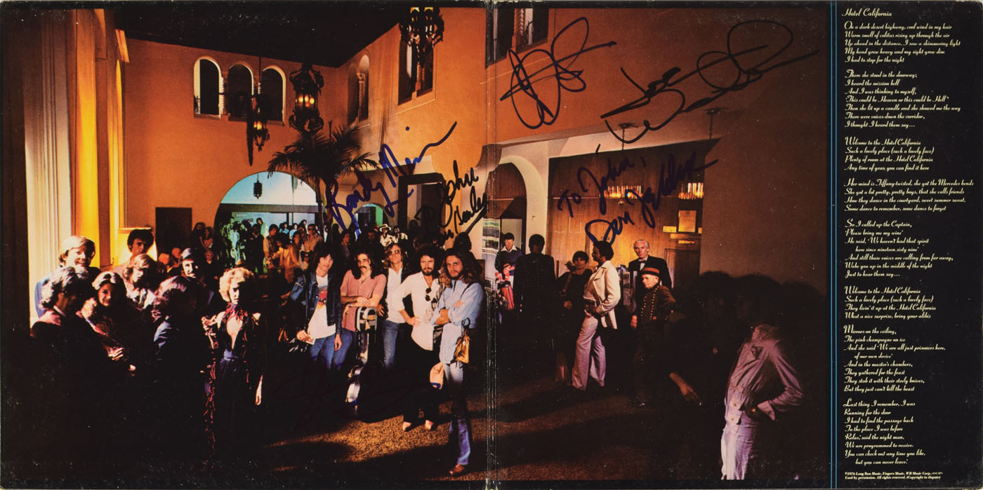 autograph Eagles "Hotel California" album, signed by Don Henley, Glenn Frey, Joe Walsh, Don Felder and J.D. Souther John Brennan Collection RR Auction