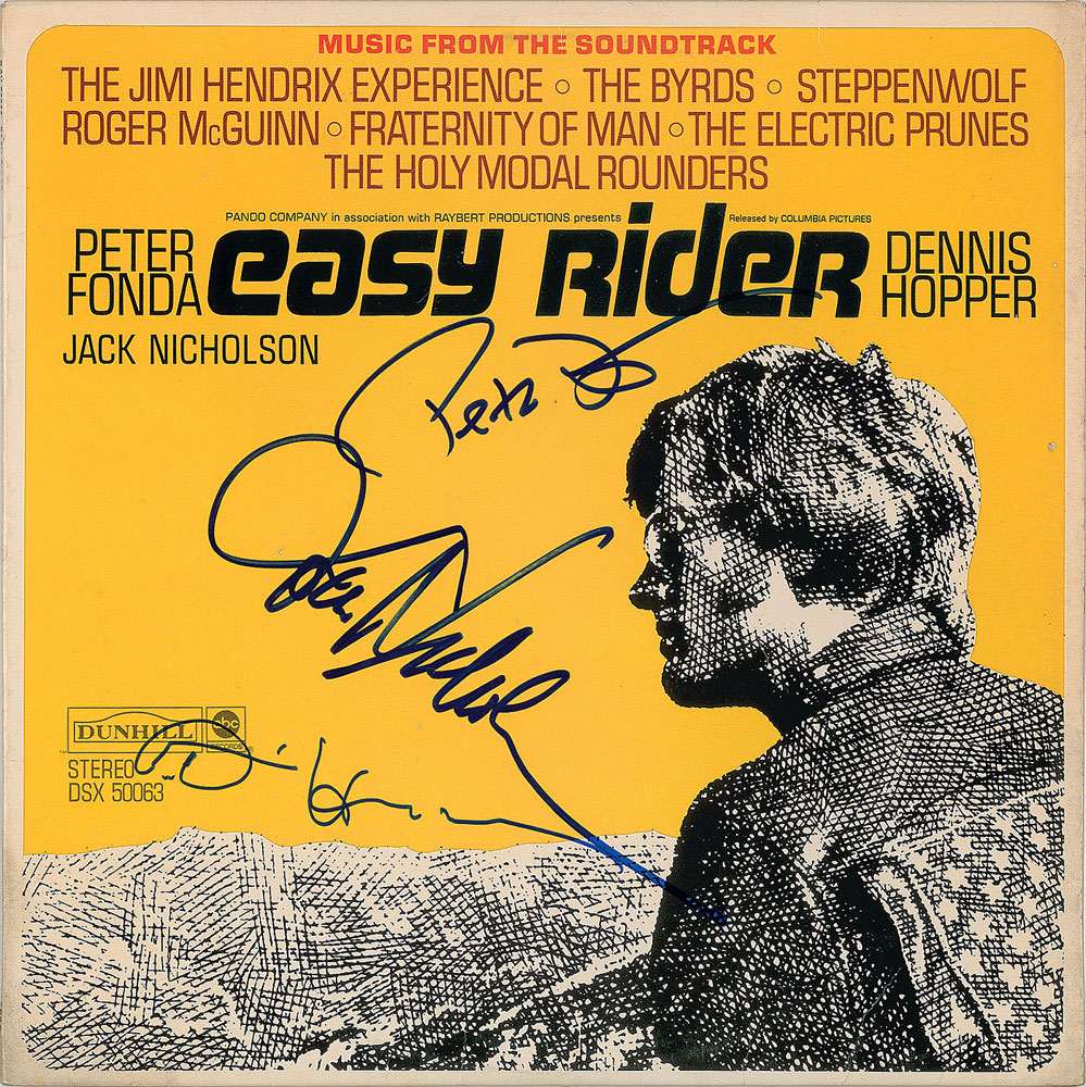 "Easy Rider" soundtrack album, autographed by Peter Fonda, Dennis Hopper, and Jack Nicholson. Part of the John Brennan In-Person Autograph Collection. Offered by RR Auction.
