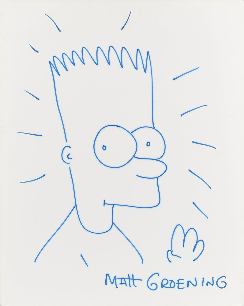 Matt Groening autographed original blue felt tip sketch of Bart Simpson from “The Simpsons.” Part of the John Brennan In-Person Autograph Collection. Offered by RR Auction.