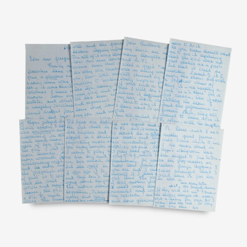 ALS signed "Audrey xx," eight pages on seven light blue sheets (on the last page she uses both sides), plus an additional postscript page, 6 x 7.75