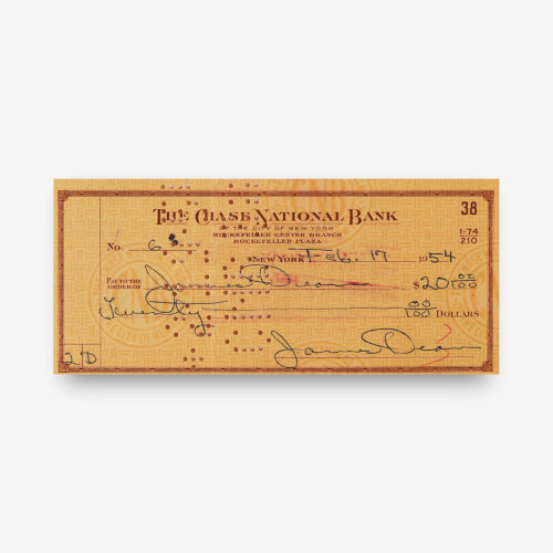 Rare and highly desirable bank check, 6 x 2.75, filled out and signed by Dean, "James Dean," payable to James Dean for $20.00, February 17, 1954. Check is also endorsed on the reverse, "James Dean," above a 54th Street Tavern Inc. stamp.