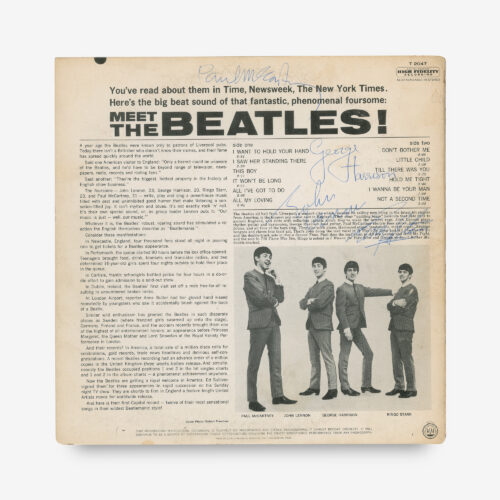 Meet the Beatles album given to Dr. Jules Gordon for tending to George Harrison's sore throat prior to their appearance on the Ed Sullivan Show, beautifully signed on the reverse in blue ballpoint by John Lennon, Paul McCartney, George Harrison, and Ringo Starr. Light edge toning, an inch-long separation to bottom edge, and chipping to spine, otherwise fine condition.