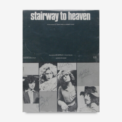 Very rare sheet music to 'Stairway to Heaven,' 9 x 12, signed on the front cover in black ballpoint, "Best wishes, Jimmy Page," "Good luck, Robert Plant," "John Paul Jones," and "Best wishes, John Bonham." Matted and framed to an overall size of 15.5 x 18.5.