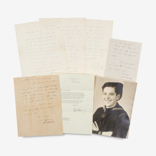 Amazing archive of material, highlighted by four letters by John F. Kennedy, from the family of Harold W. Marney, one of two crew members killed when the PT-109 commanded by JFK was sunk by a Japanese destroyer. In addition to these letters are the Purple Heart medal posthumously awarded to Harold W. Marney, the telegram sent to the family informing them of his loss, a few photos, and various related correspondence.