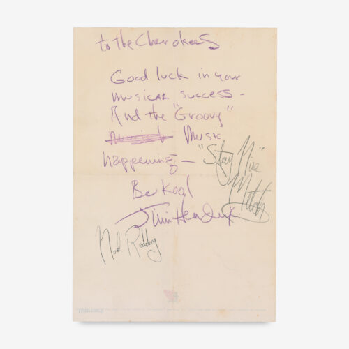 Hendrix writes a note of support to another band, in full: "To the Cherokees, Good luck in your musical success-And the 'Groovy' music happening-Be kool, Jimi Hendrix." Also signed in pencil by Mitch Mitchell, "'Stay Nice,' Mitch," who also adds "Noel Redding" in black ballpoint on behalf of his bandmate.