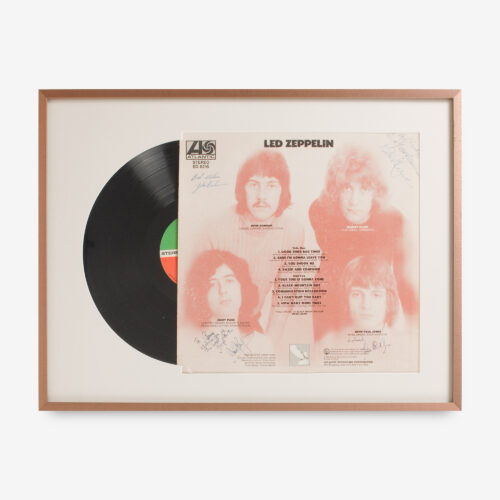 Self-titled debut album signed and inscribed on the back cover in black ink, "To Jimmy, wishing you all the best with the group, Jimmy Page," "Why? I don't know, But the best of British luck, Robert Plant," "Lots of Luck, John Paul Jones," and "Best wishes, John Bonham."