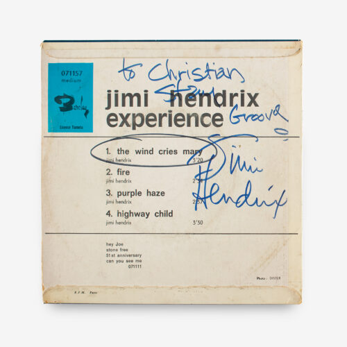 Barclay 7-inch French pressing of the Jimi Hendrix Experience EP 'The Wind Cries Mary / Purple Haze,' which also features the songs 'Fire' and 'Highway Child,' signed and inscribed on the back cover in black felt tip, "To Christian, stay groovy, Jimi Hendrix."