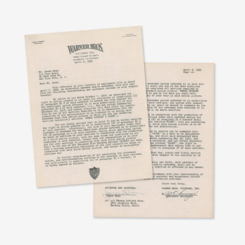 DS, two pages, 8.5 x 11, April 2, 1955. Warner Bros. document sent to James Dean, notifying him that they have extended his term of employment for the completion of Rebel Without a Cause, and the production of his last film, Giant.