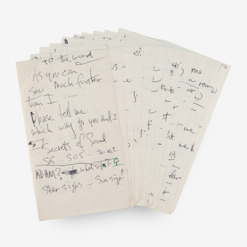 Handwritten lyrics by Jimi Hendrix for an unpublished, never-released song entitled ‘To the Wind,’ unsigned, written in black ballpoint on 12 off-white 4.25 x 7.25 sheets of notebook paper.