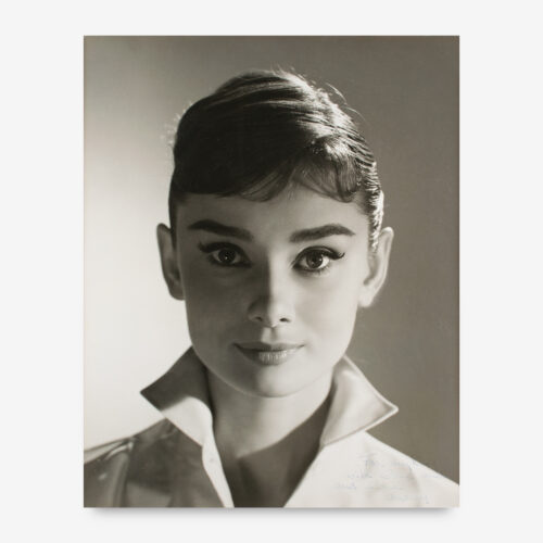 close-up portrait of Hepburn captured circa 1956 by War and Peace cinematographer Jack Cardiff, beautifully signed and inscribed in fountain by Hepburn to the film's director King Vidor, "For my King, with love and and love, Audrey.”