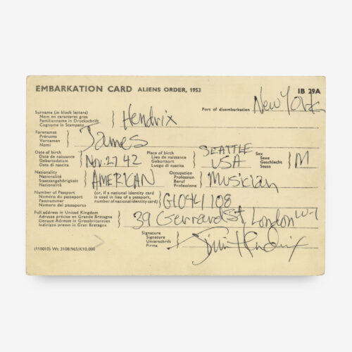 DS, one page, 6 x 4, no date but stamped July 25, 1968. UK customs embarkation card that Jimi Hendrix fills out entirely in his own hand. The various fields, as follows: Port of Disembarkation: “New York,” Surname: “Hendrix,” Forename: “James,” Birth date: “Nov. 27 42,” Birthplace: “Seattle, USA,” Gender: “M,” Nationality: “American,” Occupation: “Musician,” Passport number: “G1044108,” and UK address: “39 Gerrard St., London W-1.” Hendrix has signed his name at the conclusion.