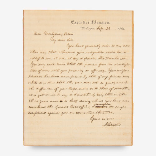 historic handwritten letter from President Lincoln urging the resignation of Postmaster General Montgomery Blair prior to the 1864 election, later famously published in 2005's Team of Rivals