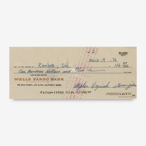 Front of a Wells Fargo Check signed by Steve Jobs and Steve Wozniak in 1976 payable to Ramlor, Inc for $116.97